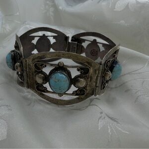 Vintage Mexico Glass Turquoise Sterling Silver Bracelet - 6.75"